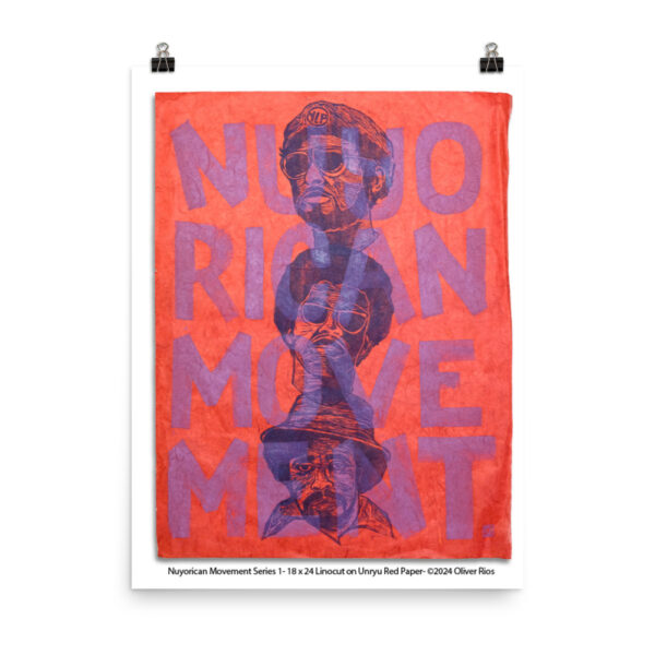 Nuyorican Movement Series 1- 18 x 24 Linocut on Unryu Red Paper. 5 of 6 ©2024 Oliver Rios