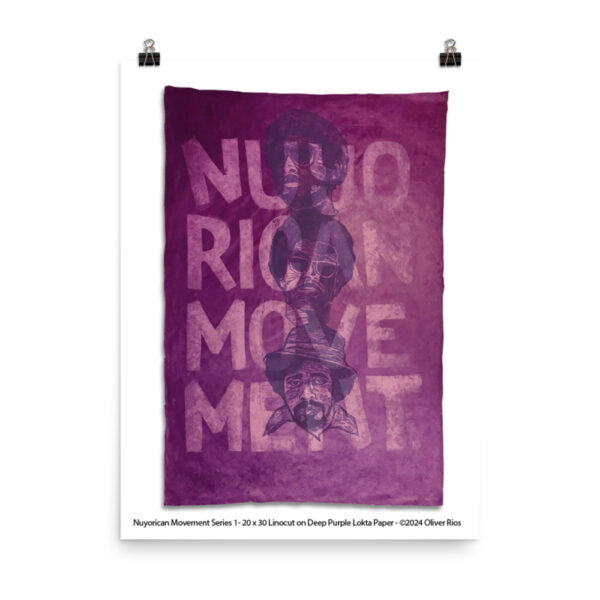 Nuyorican Movement Series 1 - 20" x 30" Linocut on Deep Purple Lokta Paper. 1 of 1 ©2024 Oliver Rios